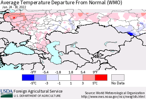 Russian Federation Average Temperature Departure from Normal (WMO) Thematic Map For 1/24/2022 - 1/30/2022