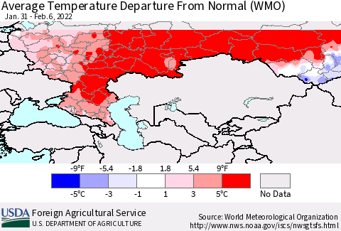 Russian Federation Average Temperature Departure from Normal (WMO) Thematic Map For 1/31/2022 - 2/6/2022