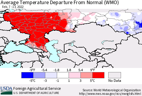 Russian Federation Average Temperature Departure from Normal (WMO) Thematic Map For 2/7/2022 - 2/13/2022