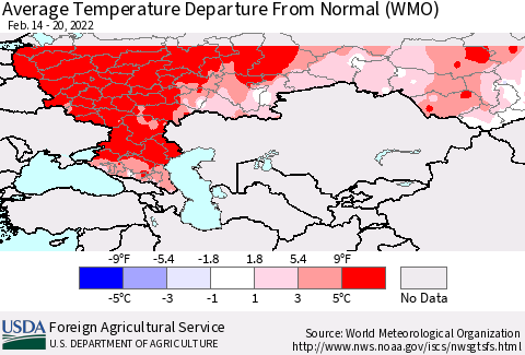 Russian Federation Average Temperature Departure from Normal (WMO) Thematic Map For 2/14/2022 - 2/20/2022