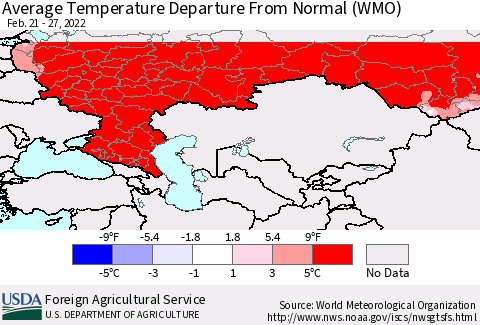 Russian Federation Average Temperature Departure from Normal (WMO) Thematic Map For 2/21/2022 - 2/27/2022