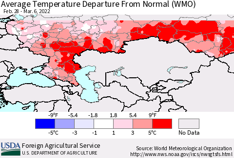 Russian Federation Average Temperature Departure from Normal (WMO) Thematic Map For 2/28/2022 - 3/6/2022