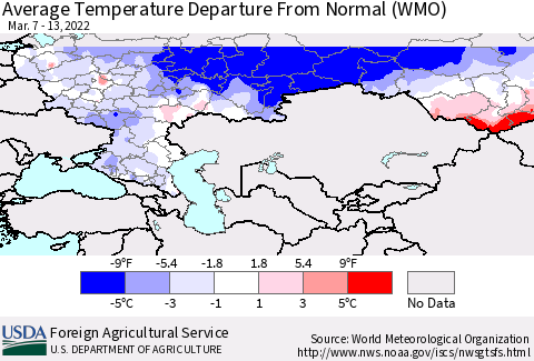 Russian Federation Average Temperature Departure from Normal (WMO) Thematic Map For 3/7/2022 - 3/13/2022