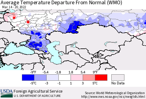 Russian Federation Average Temperature Departure from Normal (WMO) Thematic Map For 3/14/2022 - 3/20/2022