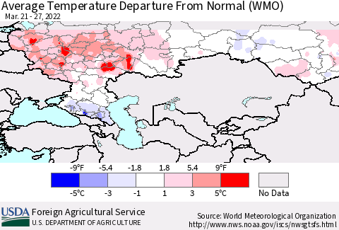 Russian Federation Average Temperature Departure from Normal (WMO) Thematic Map For 3/21/2022 - 3/27/2022
