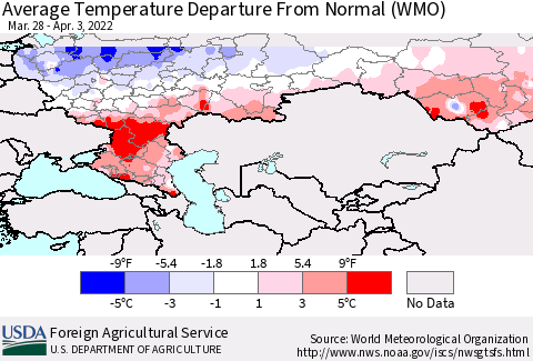 Russian Federation Average Temperature Departure from Normal (WMO) Thematic Map For 3/28/2022 - 4/3/2022