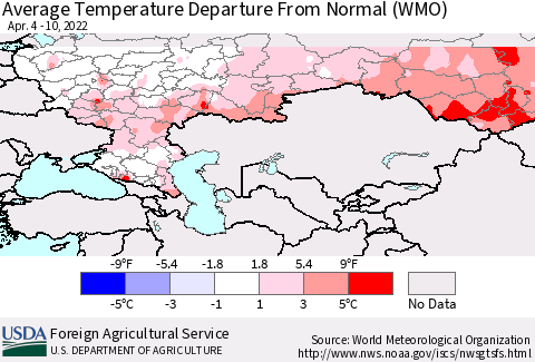 Russian Federation Average Temperature Departure from Normal (WMO) Thematic Map For 4/4/2022 - 4/10/2022