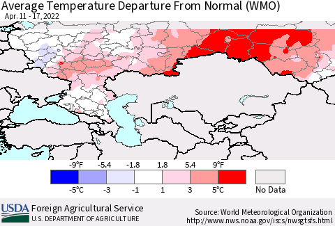 Russian Federation Average Temperature Departure from Normal (WMO) Thematic Map For 4/11/2022 - 4/17/2022