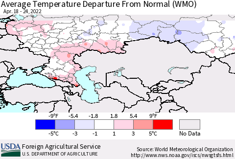 Russian Federation Average Temperature Departure from Normal (WMO) Thematic Map For 4/18/2022 - 4/24/2022