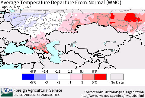 Russian Federation Average Temperature Departure from Normal (WMO) Thematic Map For 4/25/2022 - 5/1/2022