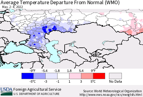 Russian Federation Average Temperature Departure from Normal (WMO) Thematic Map For 5/2/2022 - 5/8/2022