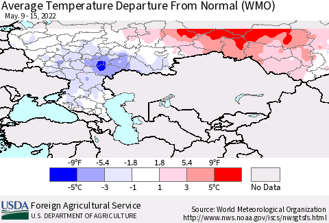 Russian Federation Average Temperature Departure from Normal (WMO) Thematic Map For 5/9/2022 - 5/15/2022