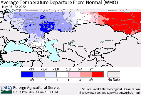 Russian Federation Average Temperature Departure from Normal (WMO) Thematic Map For 5/16/2022 - 5/22/2022
