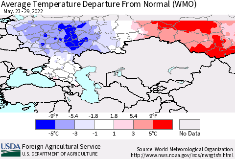 Russian Federation Average Temperature Departure from Normal (WMO) Thematic Map For 5/23/2022 - 5/29/2022