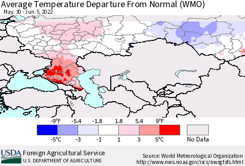 Russian Federation Average Temperature Departure from Normal (WMO) Thematic Map For 5/30/2022 - 6/5/2022
