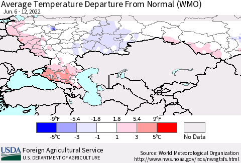 Russian Federation Average Temperature Departure from Normal (WMO) Thematic Map For 6/6/2022 - 6/12/2022