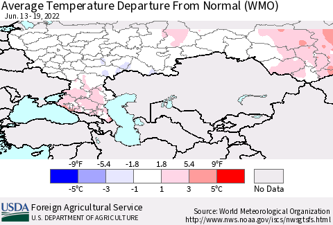 Russian Federation Average Temperature Departure from Normal (WMO) Thematic Map For 6/13/2022 - 6/19/2022