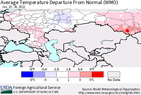 Russian Federation Average Temperature Departure from Normal (WMO) Thematic Map For 6/20/2022 - 6/26/2022