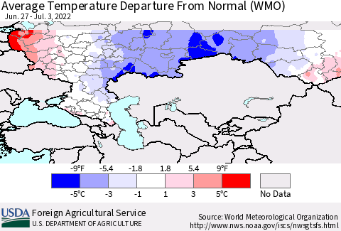 Russian Federation Average Temperature Departure from Normal (WMO) Thematic Map For 6/27/2022 - 7/3/2022