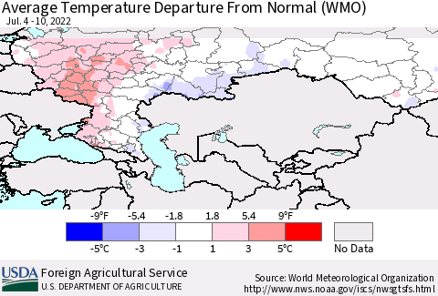 Russian Federation Average Temperature Departure from Normal (WMO) Thematic Map For 7/4/2022 - 7/10/2022