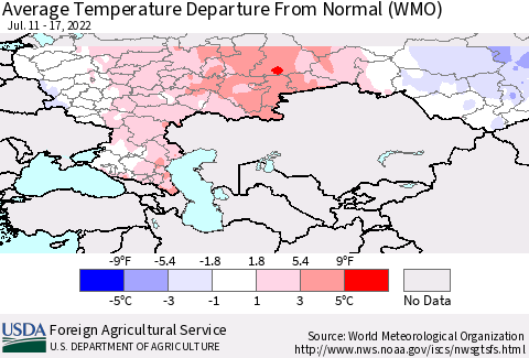 Russian Federation Average Temperature Departure from Normal (WMO) Thematic Map For 7/11/2022 - 7/17/2022