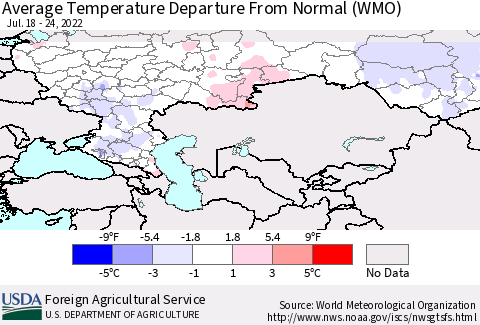 Russian Federation Average Temperature Departure from Normal (WMO) Thematic Map For 7/18/2022 - 7/24/2022