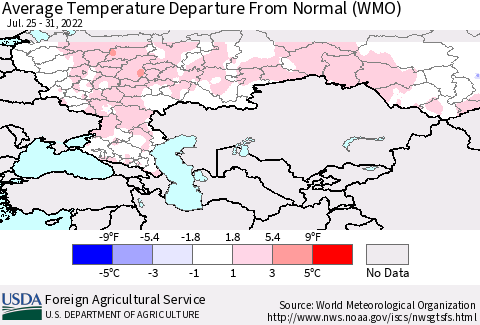 Russian Federation Average Temperature Departure from Normal (WMO) Thematic Map For 7/25/2022 - 7/31/2022
