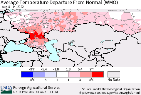 Russian Federation Average Temperature Departure from Normal (WMO) Thematic Map For 8/8/2022 - 8/14/2022