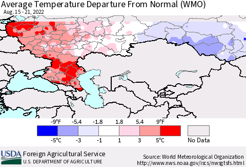Russian Federation Average Temperature Departure from Normal (WMO) Thematic Map For 8/15/2022 - 8/21/2022