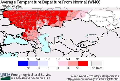 Russian Federation Average Temperature Departure from Normal (WMO) Thematic Map For 8/22/2022 - 8/28/2022