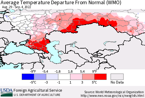 Russian Federation Average Temperature Departure from Normal (WMO) Thematic Map For 8/29/2022 - 9/4/2022