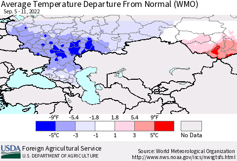 Russian Federation Average Temperature Departure from Normal (WMO) Thematic Map For 9/5/2022 - 9/11/2022