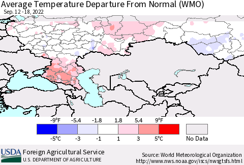 Russian Federation Average Temperature Departure from Normal (WMO) Thematic Map For 9/12/2022 - 9/18/2022