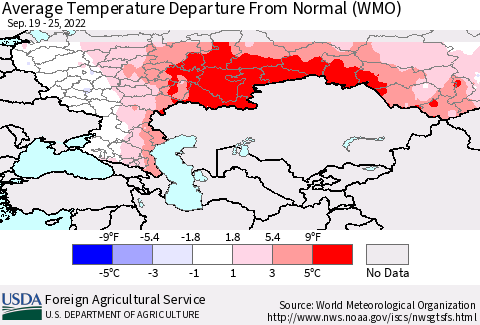 Russian Federation Average Temperature Departure from Normal (WMO) Thematic Map For 9/19/2022 - 9/25/2022