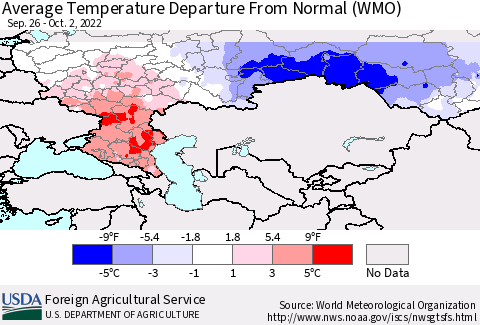 Russian Federation Average Temperature Departure from Normal (WMO) Thematic Map For 9/26/2022 - 10/2/2022