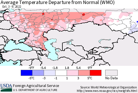 Russian Federation Average Temperature Departure from Normal (WMO) Thematic Map For 10/3/2022 - 10/9/2022