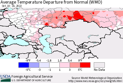 Russian Federation Average Temperature Departure from Normal (WMO) Thematic Map For 10/10/2022 - 10/16/2022