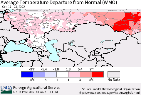 Russian Federation Average Temperature Departure from Normal (WMO) Thematic Map For 10/17/2022 - 10/23/2022
