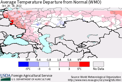 Russian Federation Average Temperature Departure from Normal (WMO) Thematic Map For 10/24/2022 - 10/30/2022