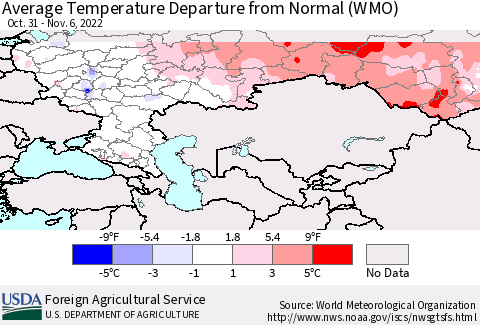 Russian Federation Average Temperature Departure from Normal (WMO) Thematic Map For 10/31/2022 - 11/6/2022