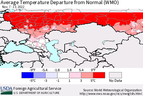 Russian Federation Average Temperature Departure from Normal (WMO) Thematic Map For 11/7/2022 - 11/13/2022