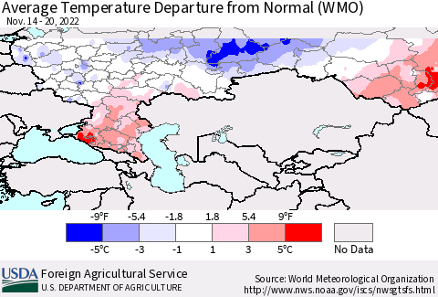 Russian Federation Average Temperature Departure from Normal (WMO) Thematic Map For 11/14/2022 - 11/20/2022