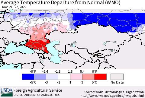 Russian Federation Average Temperature Departure from Normal (WMO) Thematic Map For 11/21/2022 - 11/27/2022