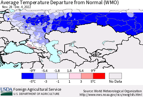 Russian Federation Average Temperature Departure from Normal (WMO) Thematic Map For 11/28/2022 - 12/4/2022
