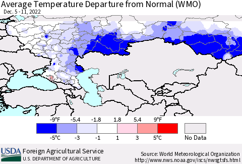 Russian Federation Average Temperature Departure from Normal (WMO) Thematic Map For 12/5/2022 - 12/11/2022