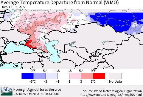 Russian Federation Average Temperature Departure from Normal (WMO) Thematic Map For 12/12/2022 - 12/18/2022