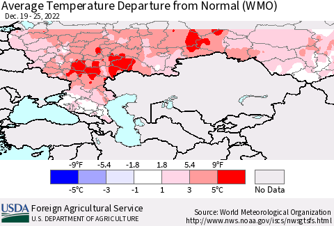 Russian Federation Average Temperature Departure from Normal (WMO) Thematic Map For 12/19/2022 - 12/25/2022