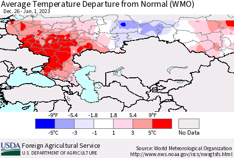 Russian Federation Average Temperature Departure from Normal (WMO) Thematic Map For 12/26/2022 - 1/1/2023