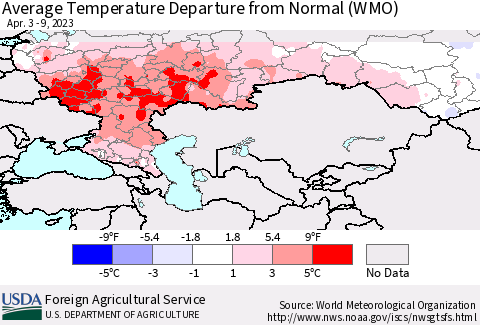 Russian Federation Average Temperature Departure from Normal (WMO) Thematic Map For 4/3/2023 - 4/9/2023
