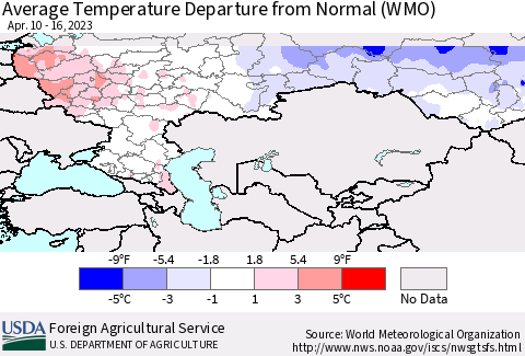 Russian Federation Average Temperature Departure from Normal (WMO) Thematic Map For 4/10/2023 - 4/16/2023